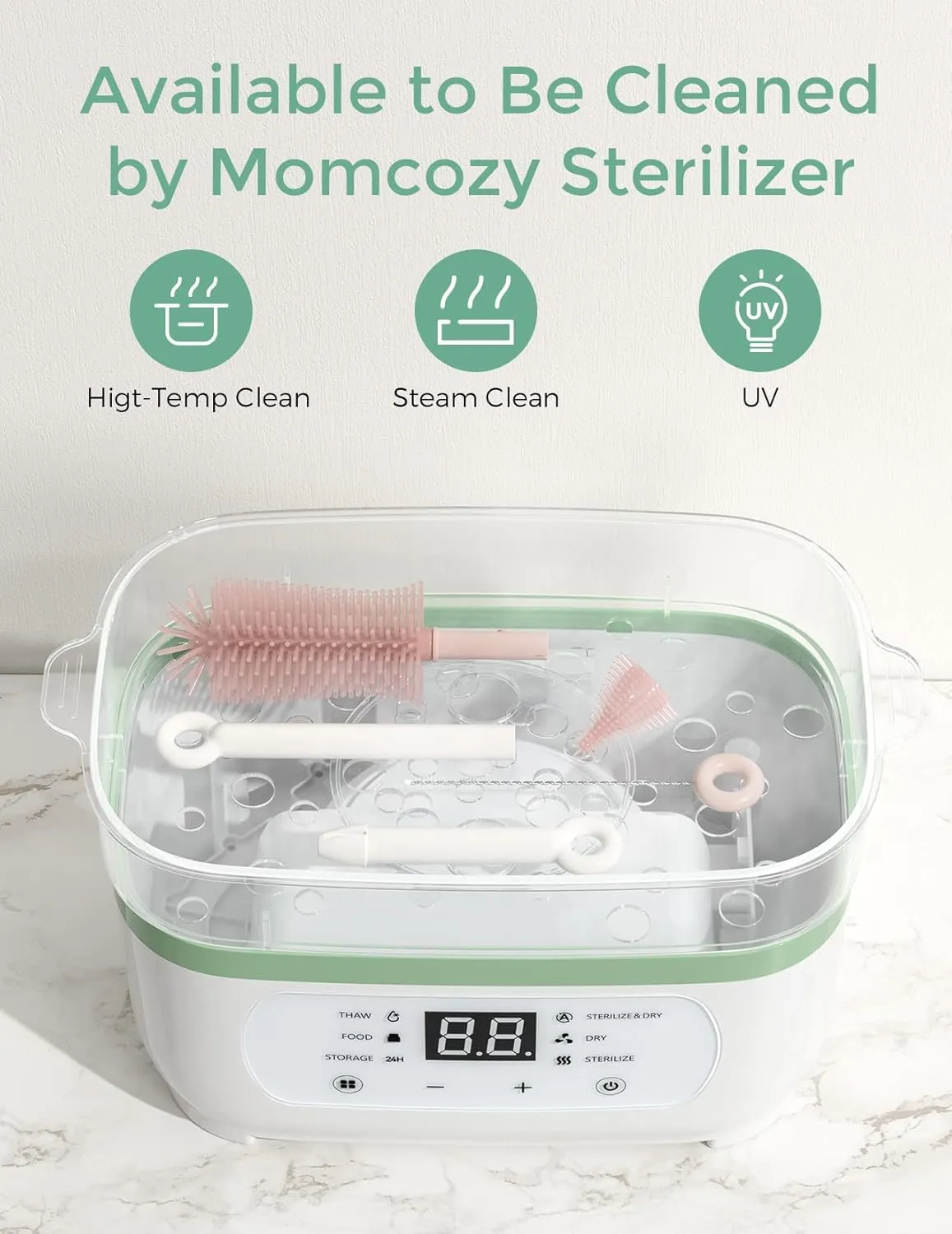 Momcozy Bottle Brush Set - Baby Bottle Cleaner Kit with Silicone Brush, Nipple Brush, Straw Brush, Soap Dispenser, Drying Rack - 7 in 1 Bottle Cleaning Tool for Home and Travel, Pink