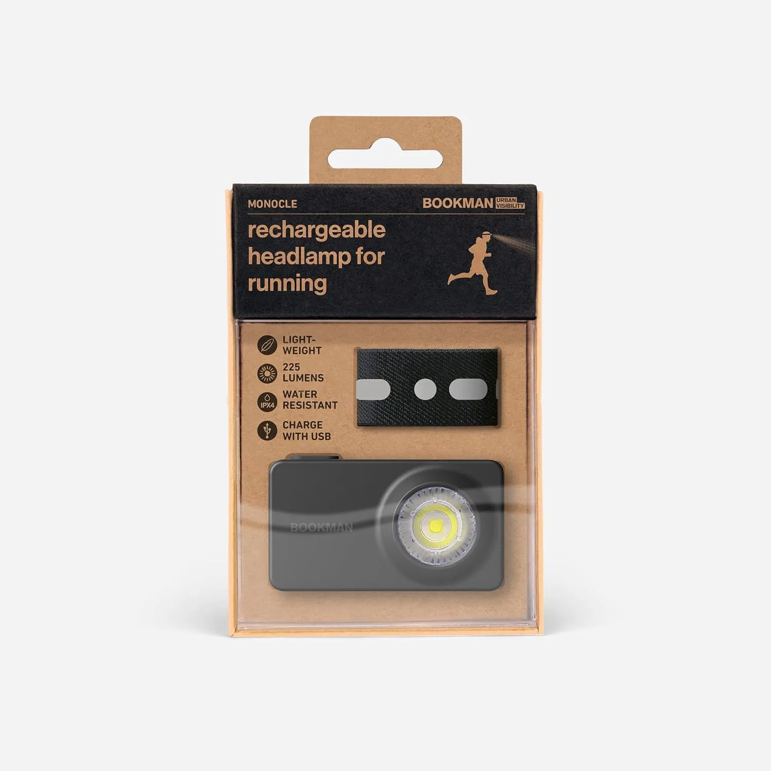 Monocle Rechargeable Headlamp for Running - Lightweight, Stylish, and High-Performing - 225 Lumens with Stepless Angle Adjustment and Lock Feature