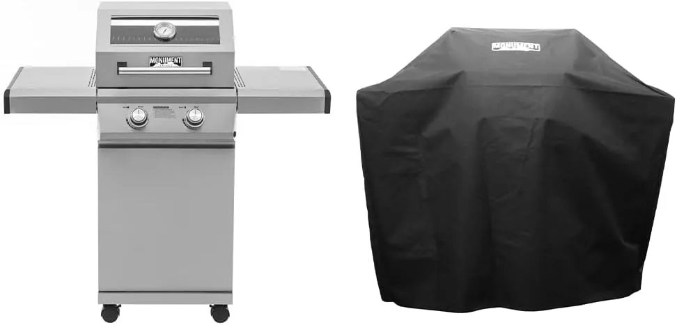 Monument Grills 14633 2-Burner Stainless Steel Liquid Propane Gas Grill with Clearview® Lid, Knob Controls with BBQ Cover(2 items)