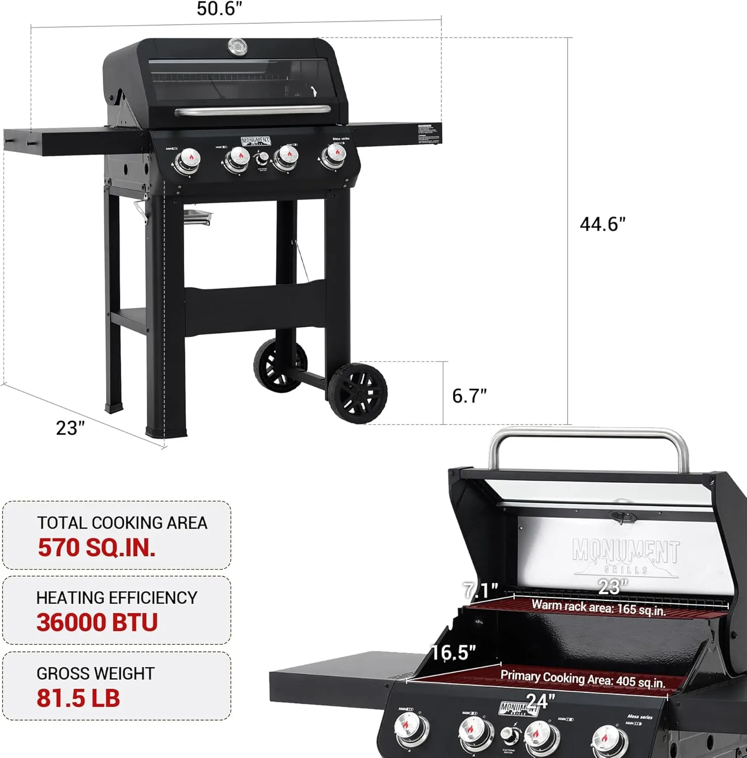 Monument Grills 4-Burner Liquid Propane Gas Grill, Matte Black Stainless Steel Burner Grill with Clearview® Lid, One Foldable Shelf for Outdoor Cooking Kitchen Patio Backyard, Mesa420MF with BBQ Cover