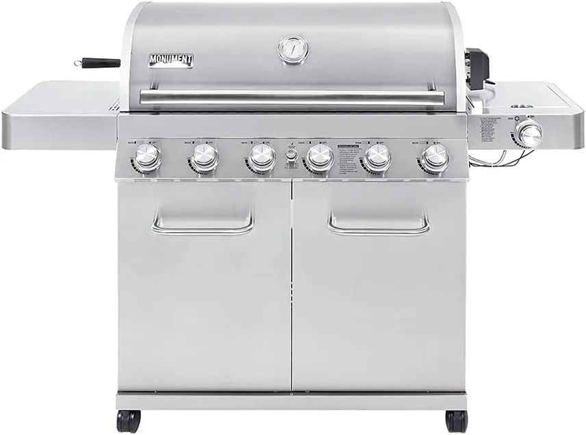 Monument Grills 77352 6-Burner Stainless Steel Cabinet Style Propane Gas Grill with Knob Controls, Side Burner, Built-In Thermometer, and Rotisserie Kit