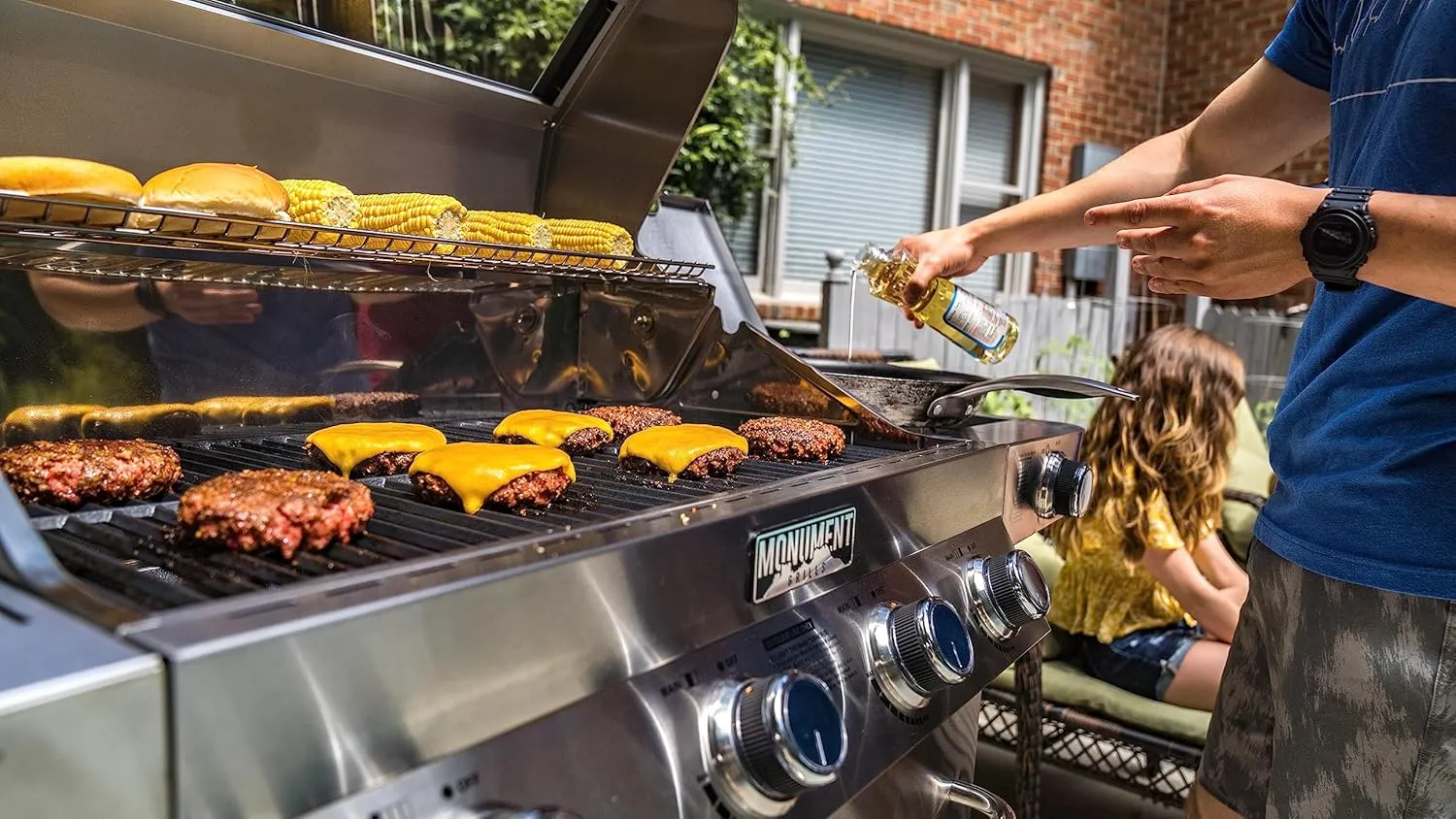 Monument Grills Larger 4-Burner Propane Gas Grills Stainless Steel Cabinet Style with Clearview® Lid, Knob Controls, Built-In Thermometer, Infrared Side Sear Burners & Side Burners