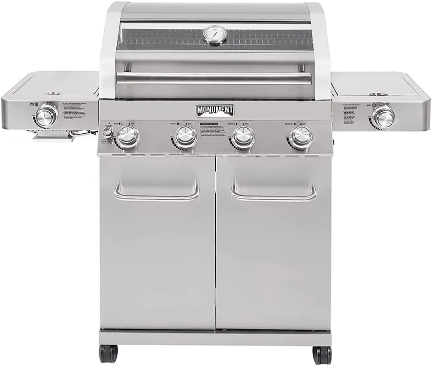 Monument Grills Larger 4-Burner Propane Gas Grills Stainless Steel Cabinet Style with Clearview® Lid, Knob Controls, Built-In Thermometer, Infrared Side Sear Burners & Side Burners