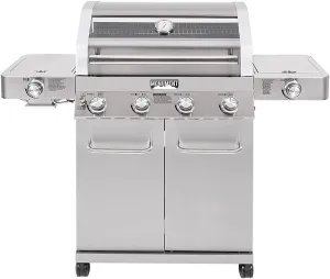 Monument Grills Larger 4-Burner Propane Gas Grills Stainless Steel Cabinet Style with Clearview® Lid, Knob Controls, Built-In Thermometer, Infrared Side Sear Burners & Side Burners