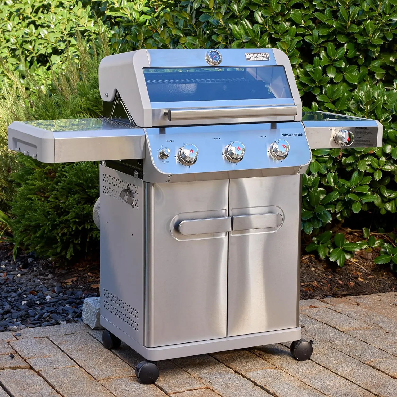 Monument Grills Outdoor Barbecue Stainless Steel 3 Burner Propane Gas Grill, 48,000 BTU Patio Garden Grill with Side Burner and Knob Controls, Mesa305