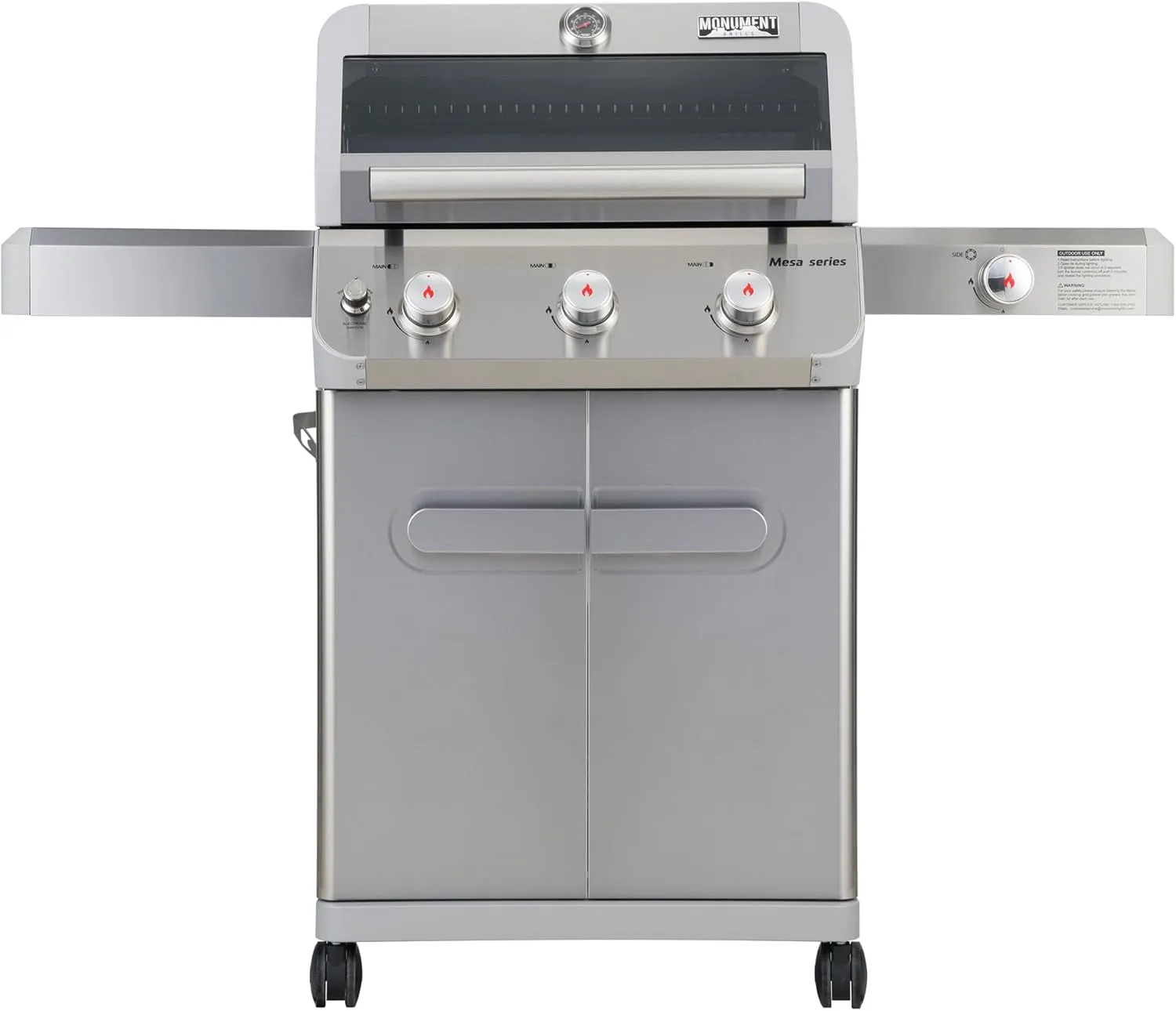 Monument Grills Outdoor Barbecue Stainless Steel 3 Burner Propane Gas Grill, 48,000 BTU Patio Garden Grill with Side Burner and Knob Controls, Mesa305