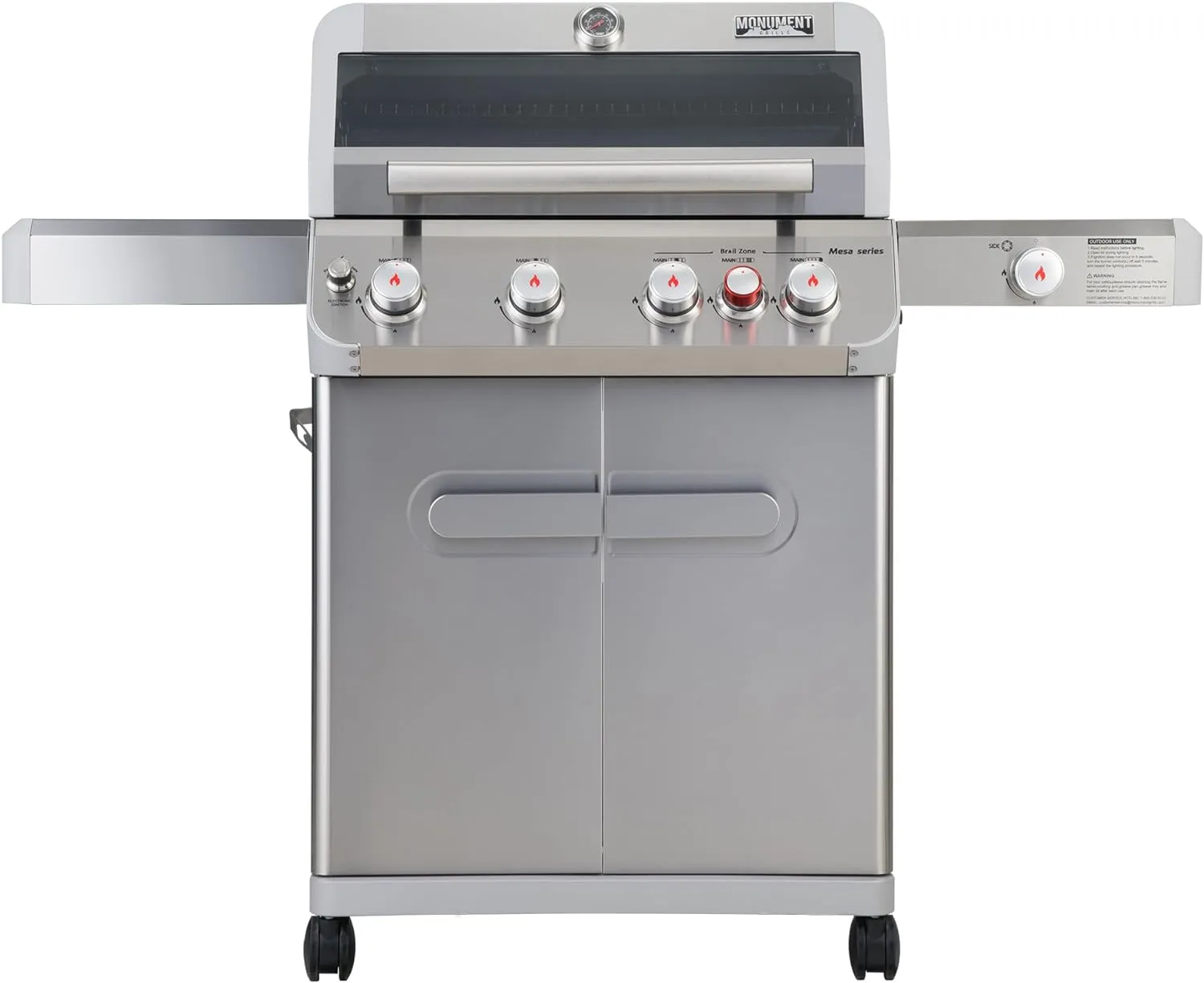 Monument Grills Outdoor Barbecue Stainless Steel 4 Burner Propane Gas Grill, 62,000 BTU Patio Garden Barbecue Grill with Side Burner and Knob Controls, Mesa415BZ