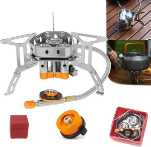 Moose Rocket Stove, Outdoor Portable Double-Layer Windproof Three-Burner Stove, Equipped with Storage Box and Conversion Connector, Windproof Gas Stove for Hiking (Silver)