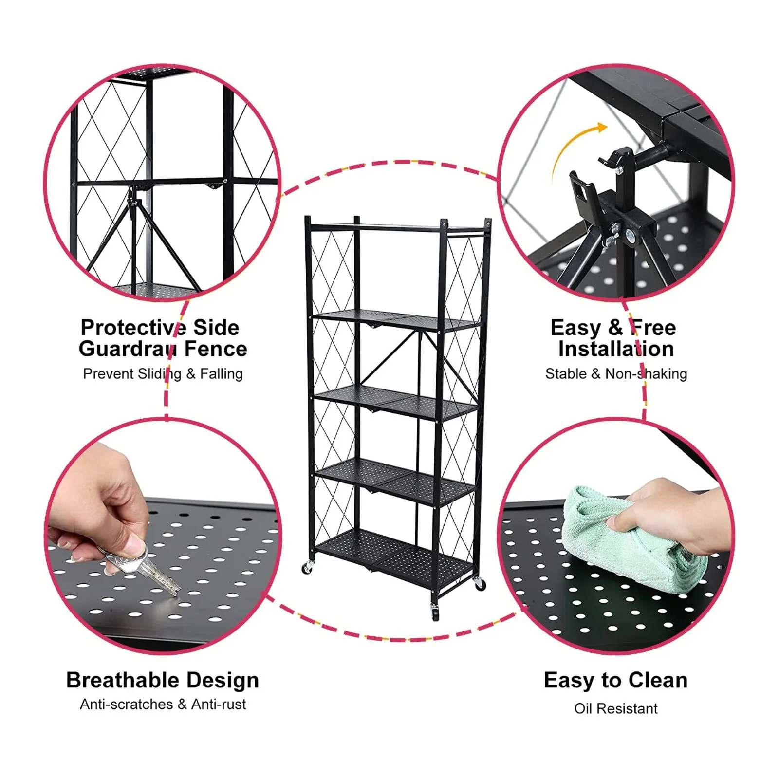 Multi Tier Foldable Storage Rack with Movable Wheel