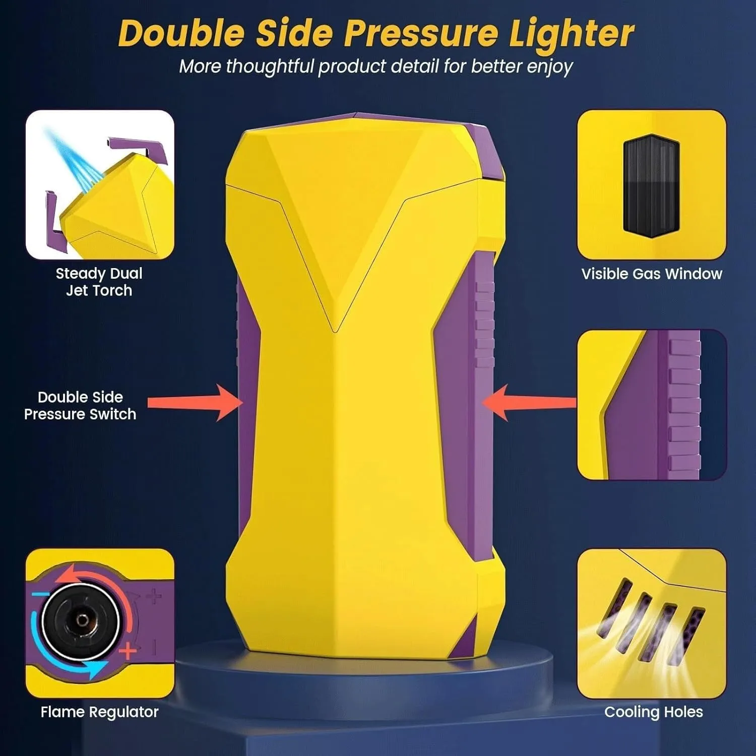Multifunctional All-in-one Torch Lighter with Dual Flames, Built-in Hole Punch, Cooling Hole, Fuel Window, refillable Butane Windproof Cool Lighter for Camping, Candles, Outdoor use(Yellow)