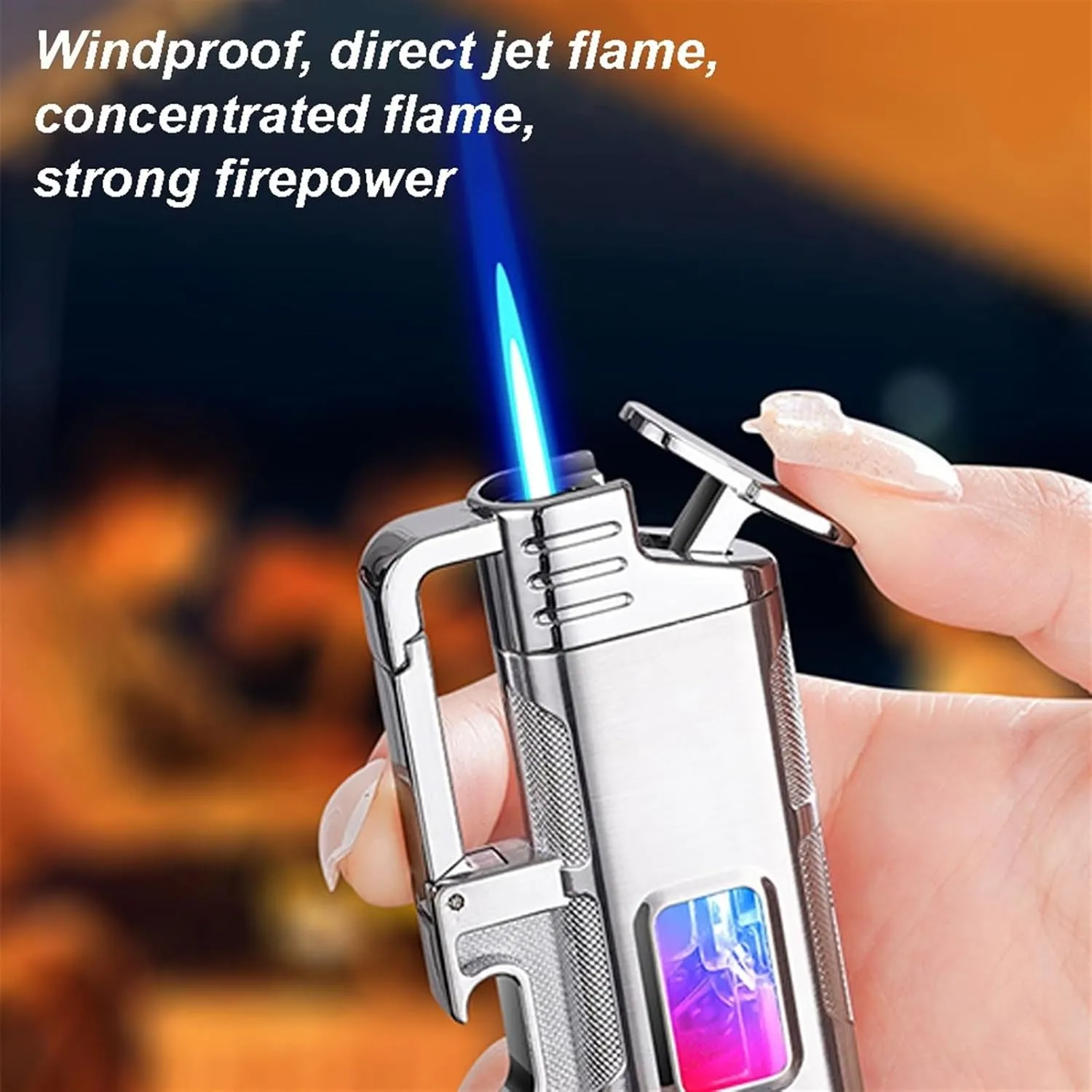 Multifunctional Butane Lighter, Portable Keychain Lighter, Visible Gas Tank Lighter, Windproof Direct Jet Flame Lighter (Without Butane)(Silver)