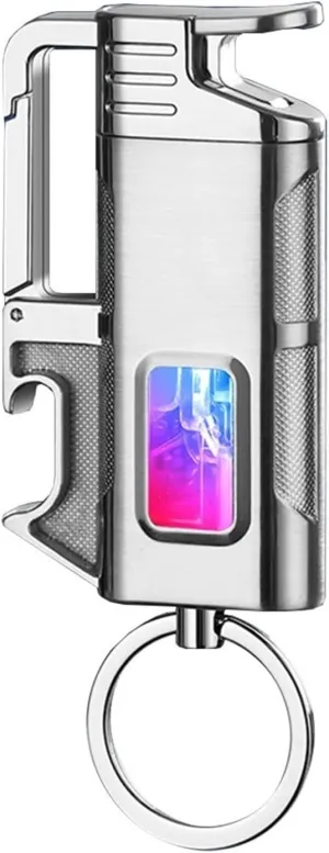 Multifunctional Butane Lighter, Portable Keychain Lighter, Visible Gas Tank Lighter, Windproof Direct Jet Flame Lighter (Without Butane)(Silver)