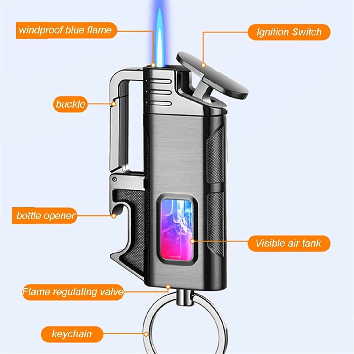 Multifunctional Butane Lighter, Portable Keychain Lighter, Visible Gas Tank Lighter, Windproof Direct Jet Flame Lighter (Without Butane)(Silver)