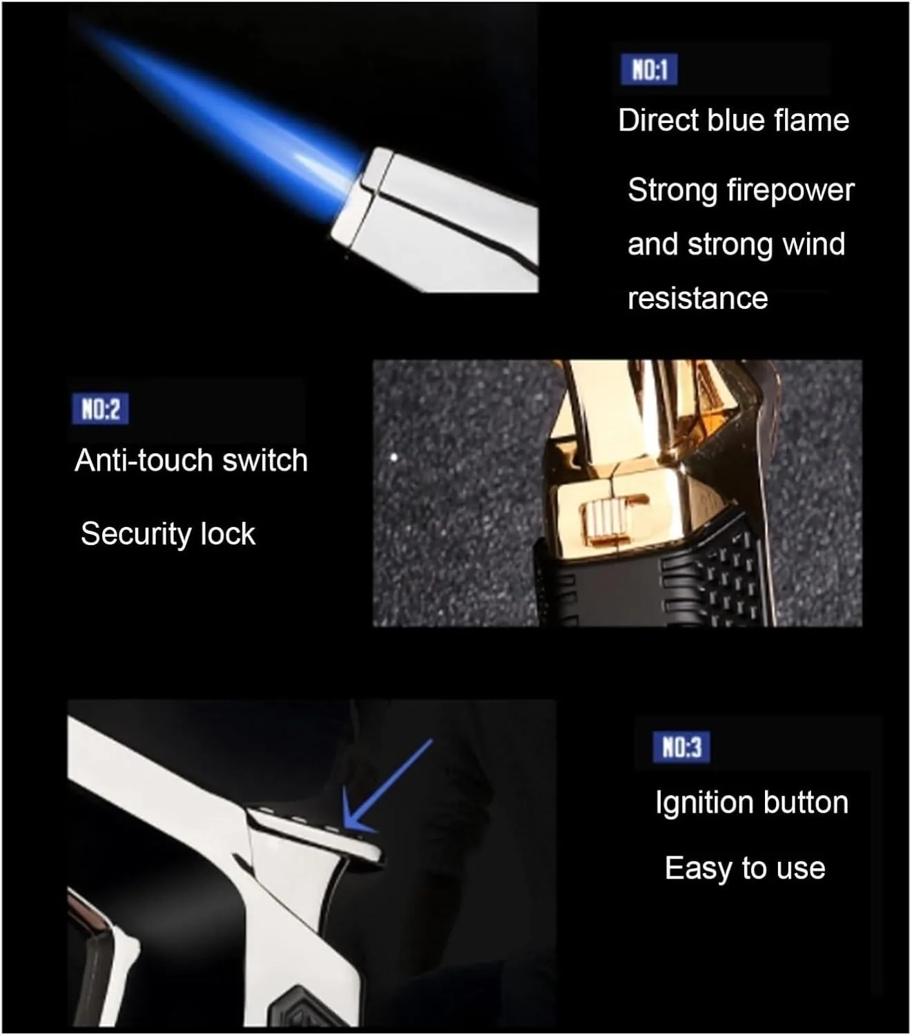 Multifunctional Metal Butane Lighter, 360 Degree Use, Adjustable and Lockable Flame, Blue Windproof Flame Refillable Gas Portable Candle Camping Lighters (Gas Not Included)(Gold)