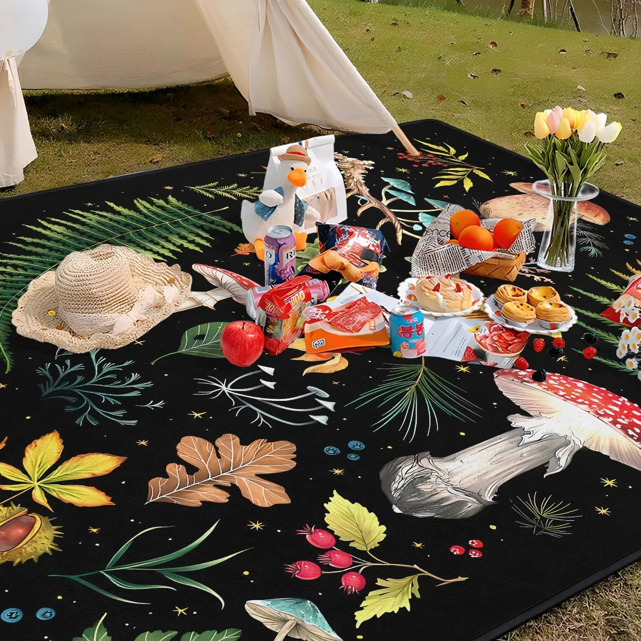 Mushroom Picnic Blankets Waterproof Foldable, 80″X80″Thick Three Layer Picnic Mat Outdoor Blanket for Grass, Large Beach Blanket Sandproof Picnic Accessories for Camping Party Park Patio