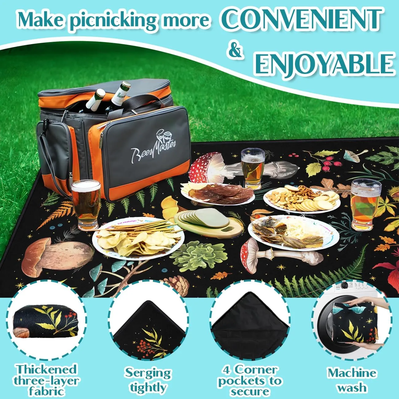 Mushroom Picnic Blankets Waterproof Foldable, 80″X80″Thick Three Layer Picnic Mat Outdoor Blanket for Grass, Large Beach Blanket Sandproof Picnic Accessories for Camping Party Park Patio