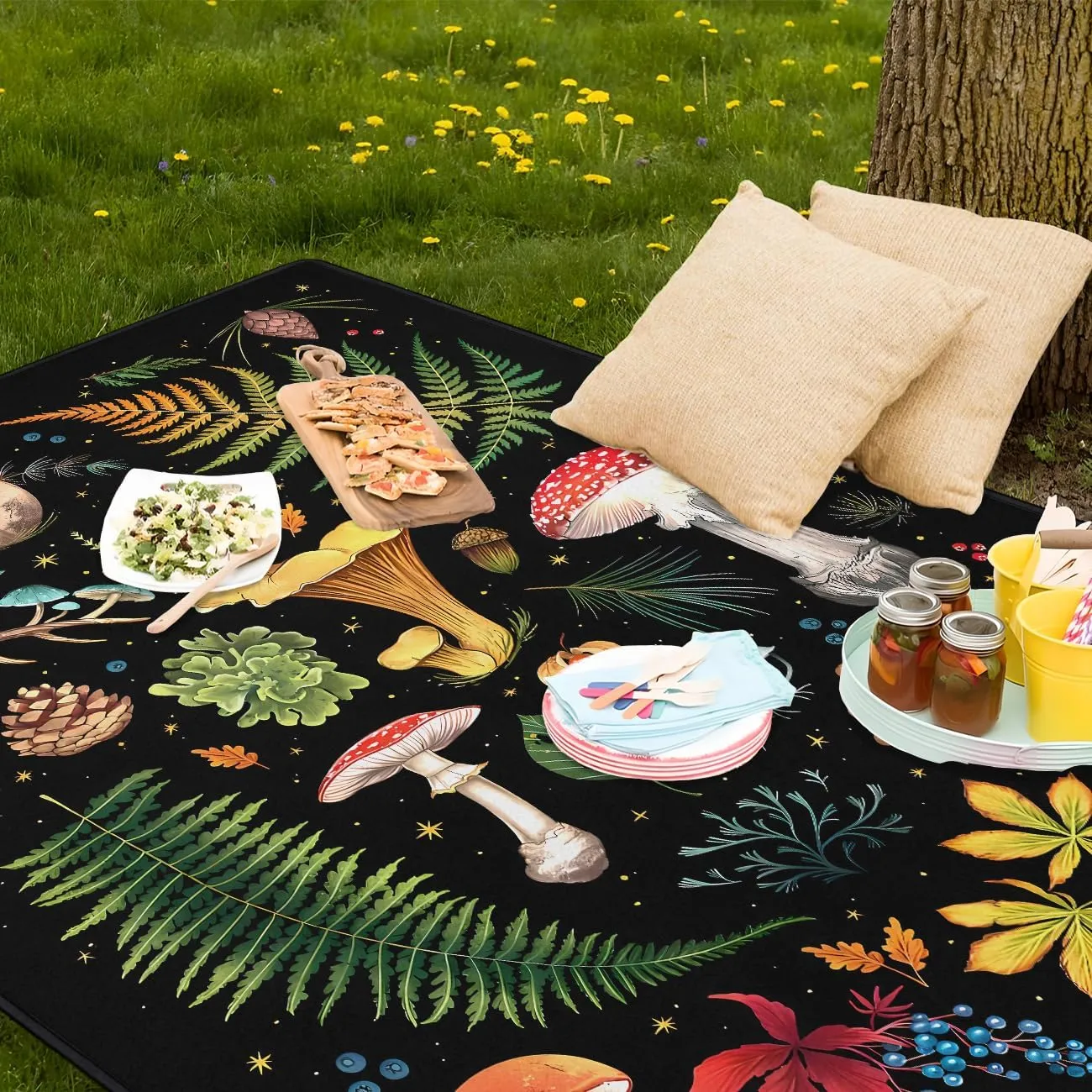 Mushroom Picnic Blankets Waterproof Foldable, 80″X80″Thick Three Layer Picnic Mat Outdoor Blanket for Grass, Large Beach Blanket Sandproof Picnic Accessories for Camping Party Park Patio