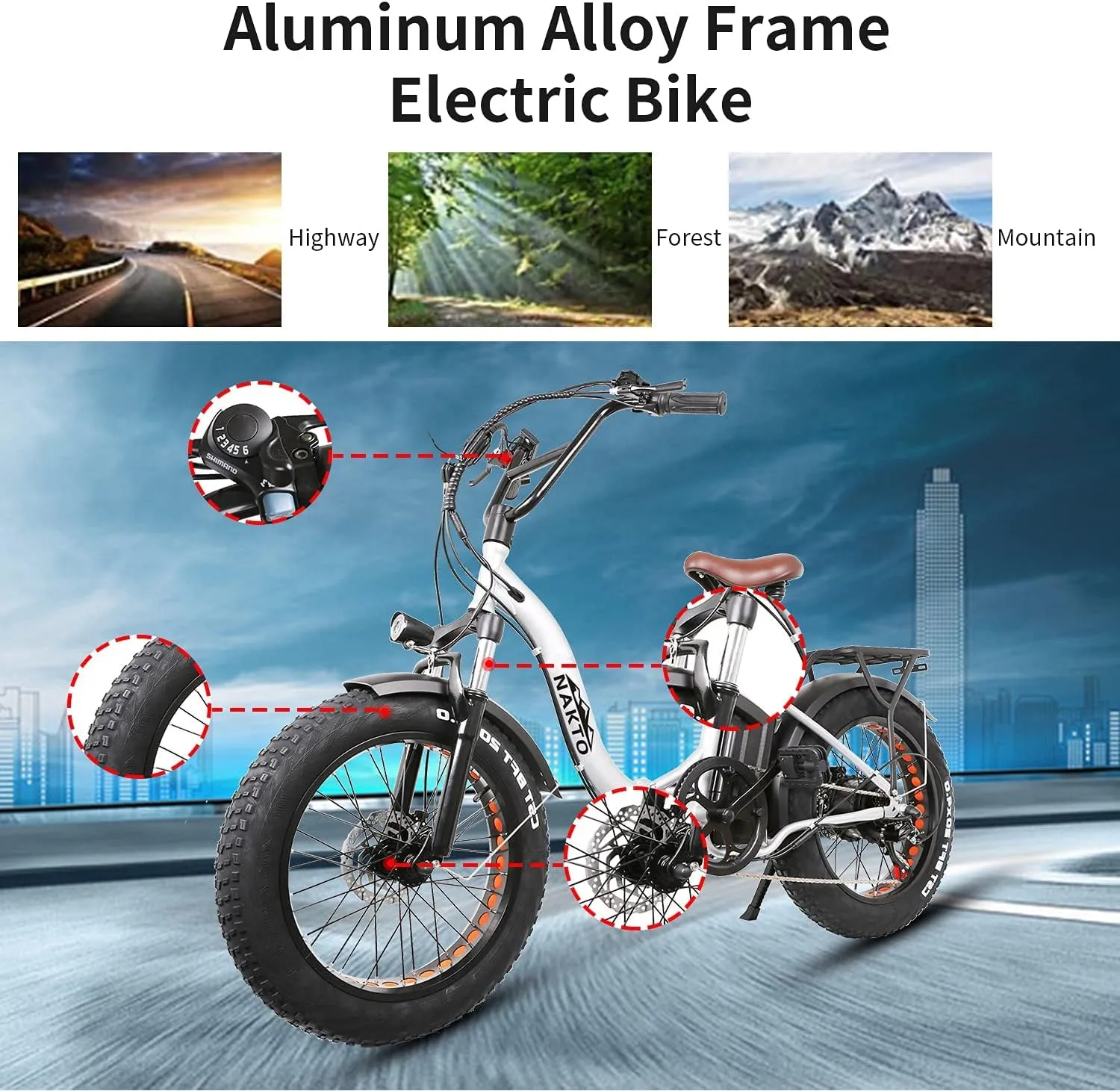 NAKTO Electric Bike 1000W Ebike 26'' Electric Bicycle, 35MPH Adults Electric Mountain Bike with Removable Battery