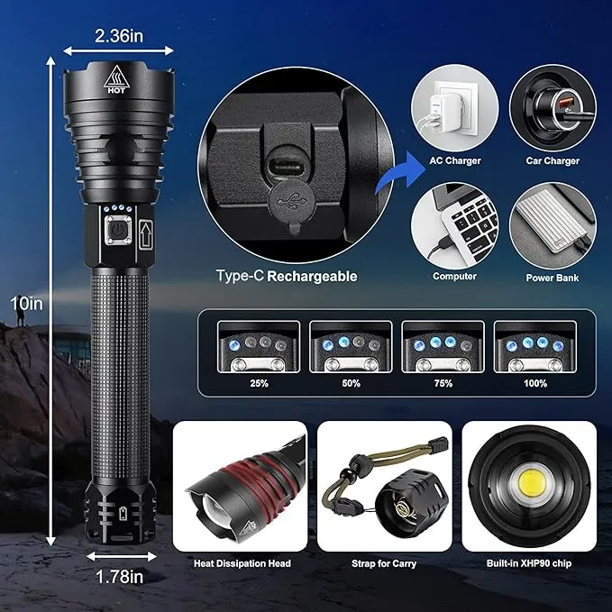 NAMINA 160000LM Most Powerful XHP90 LED Flashlight Brightest Zoom Torch P90 Type C USB (Updated Version)