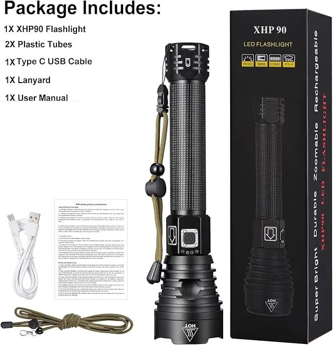 NAMINA 160000LM Most Powerful XHP90 LED Flashlight Brightest Zoom Torch P90 Type C USB (Updated Version)
