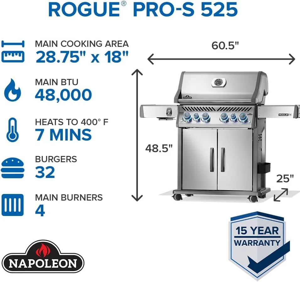 Napoleon Rogue PRO-S 525 Propane Gas Grill with Infrared Side and Rear Burners, Stainless Steel, Durable 6-Burner BBQ