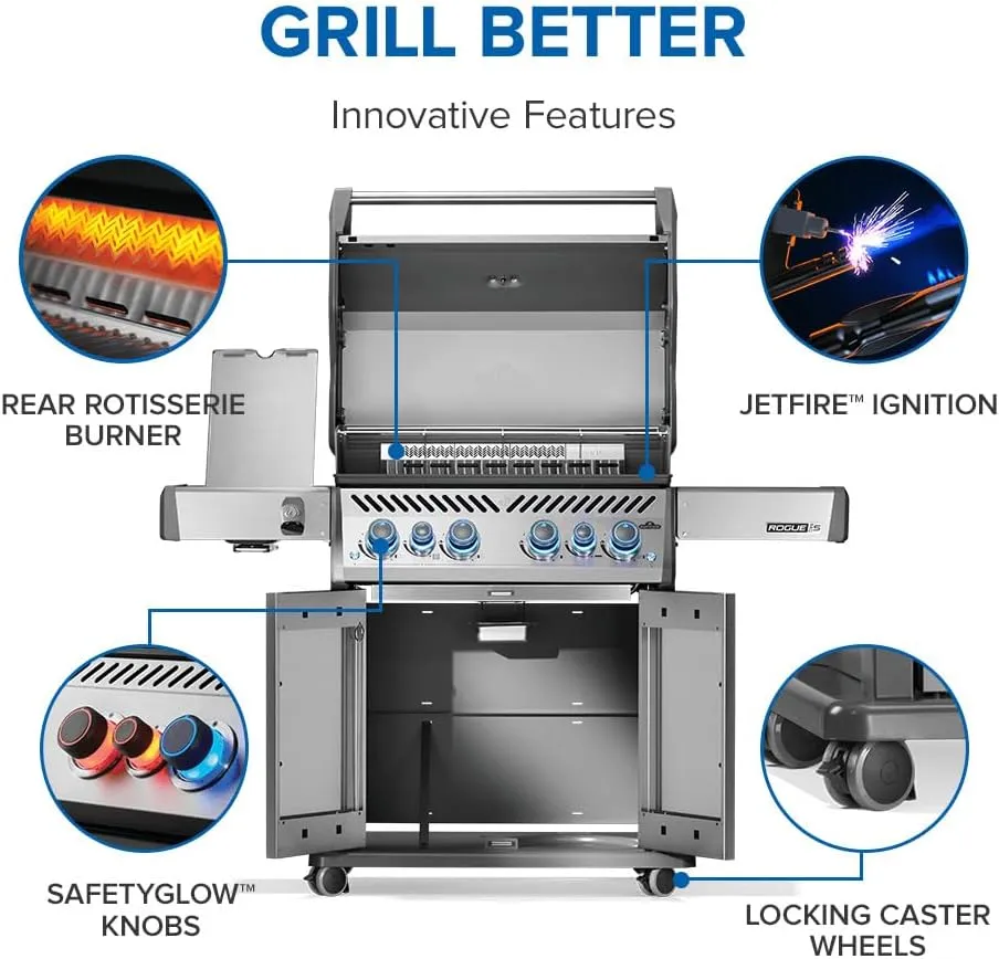 Napoleon Rogue PRO-S 525 Propane Gas Grill with Infrared Side and Rear Burners, Stainless Steel, Durable 6-Burner BBQ
