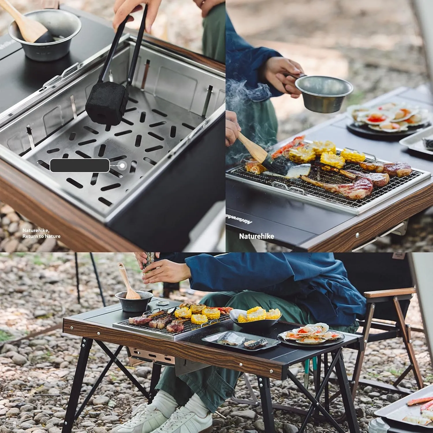 Naturehike Stainless Steel Camping Portable Grill, Folding Portable BBQ Charcoal Grill-Available with IGT Table, Compact Smoker Grill for Backyard Party,Picnic,Outdoor Cooking (Charcoal Grill-Large)