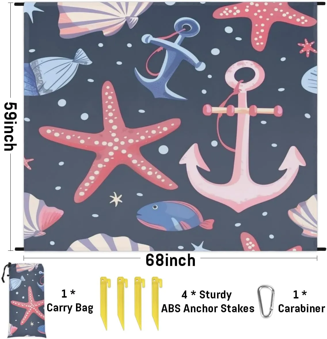 Nautical Beach Blanket, Sandproof Beach Mat, Adults Waterproof Quick Drying Sand Free Mat with 4 x Ground Spikes for Outdoor Travel Camping Hiking, Starfish Shell Anchor