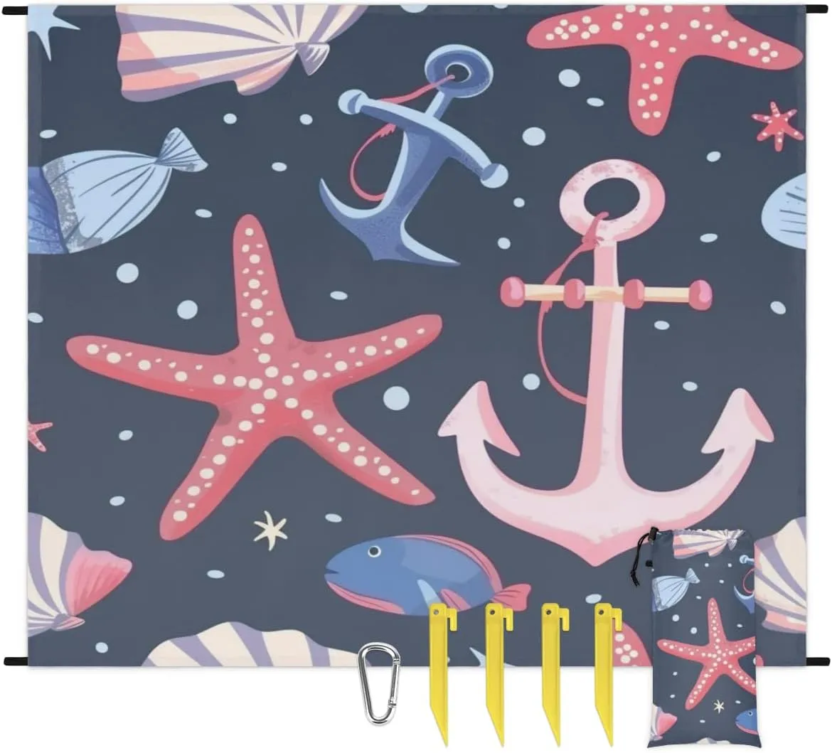 Nautical Beach Blanket, Sandproof Beach Mat, Adults Waterproof Quick Drying Sand Free Mat with 4 x Ground Spikes for Outdoor Travel Camping Hiking, Starfish Shell Anchor