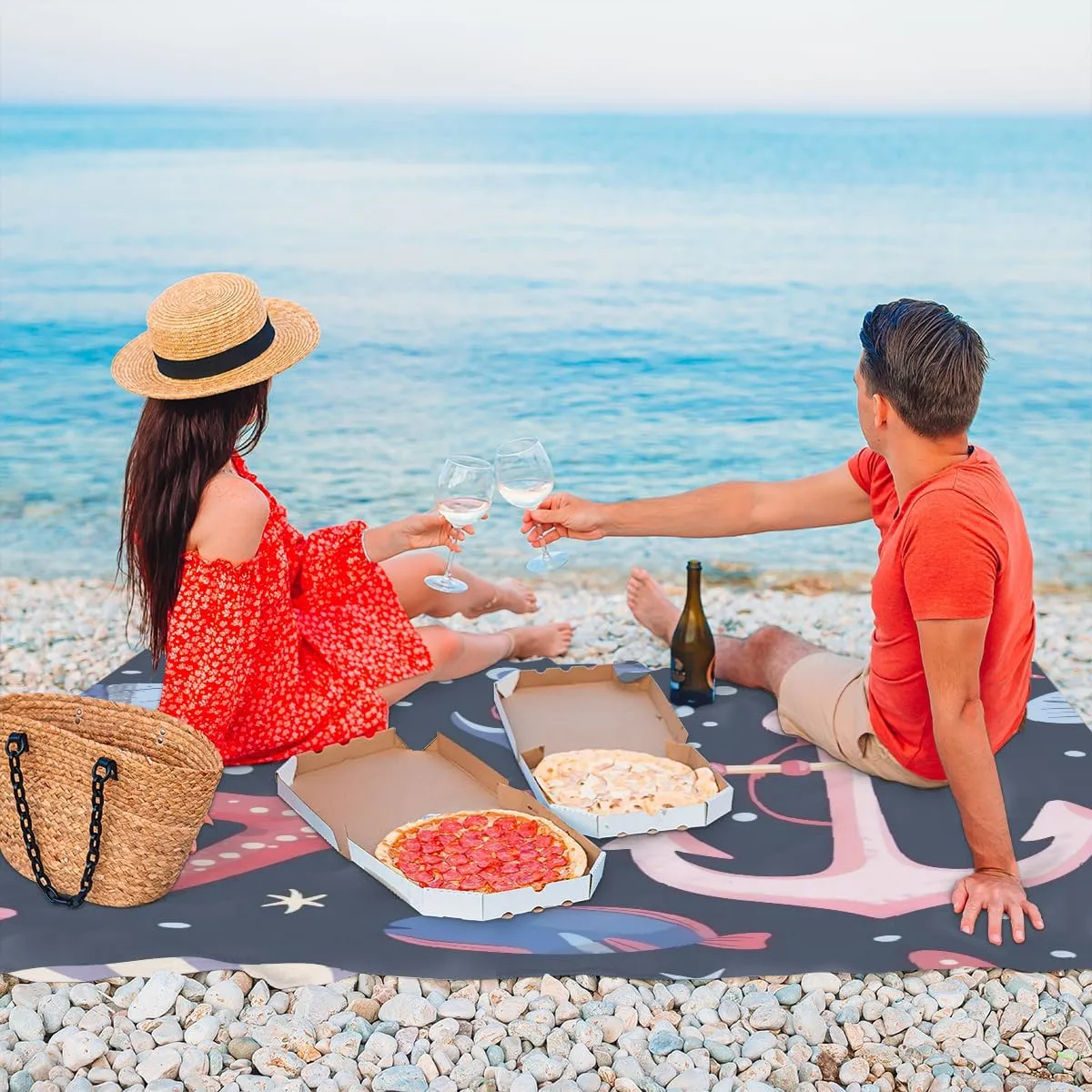 Nautical Beach Blanket, Sandproof Beach Mat, Adults Waterproof Quick Drying Sand Free Mat with 4 x Ground Spikes for Outdoor Travel Camping Hiking, Starfish Shell Anchor