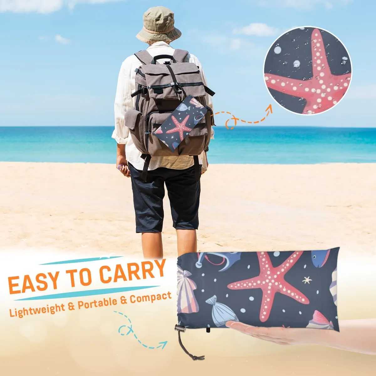 Nautical Beach Blanket, Sandproof Beach Mat, Adults Waterproof Quick Drying Sand Free Mat with 4 x Ground Spikes for Outdoor Travel Camping Hiking, Starfish Shell Anchor