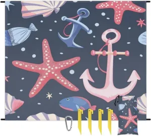 Nautical Beach Blanket, Sandproof Beach Mat, Adults Waterproof Quick Drying Sand Free Mat with 4 x Ground Spikes for Outdoor Travel Camping Hiking, Starfish Shell Anchor