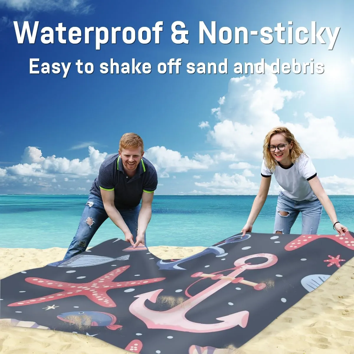 Nautical Beach Blanket, Sandproof Beach Mat, Adults Waterproof Quick Drying Sand Free Mat with 4 x Ground Spikes for Outdoor Travel Camping Hiking, Starfish Shell Anchor