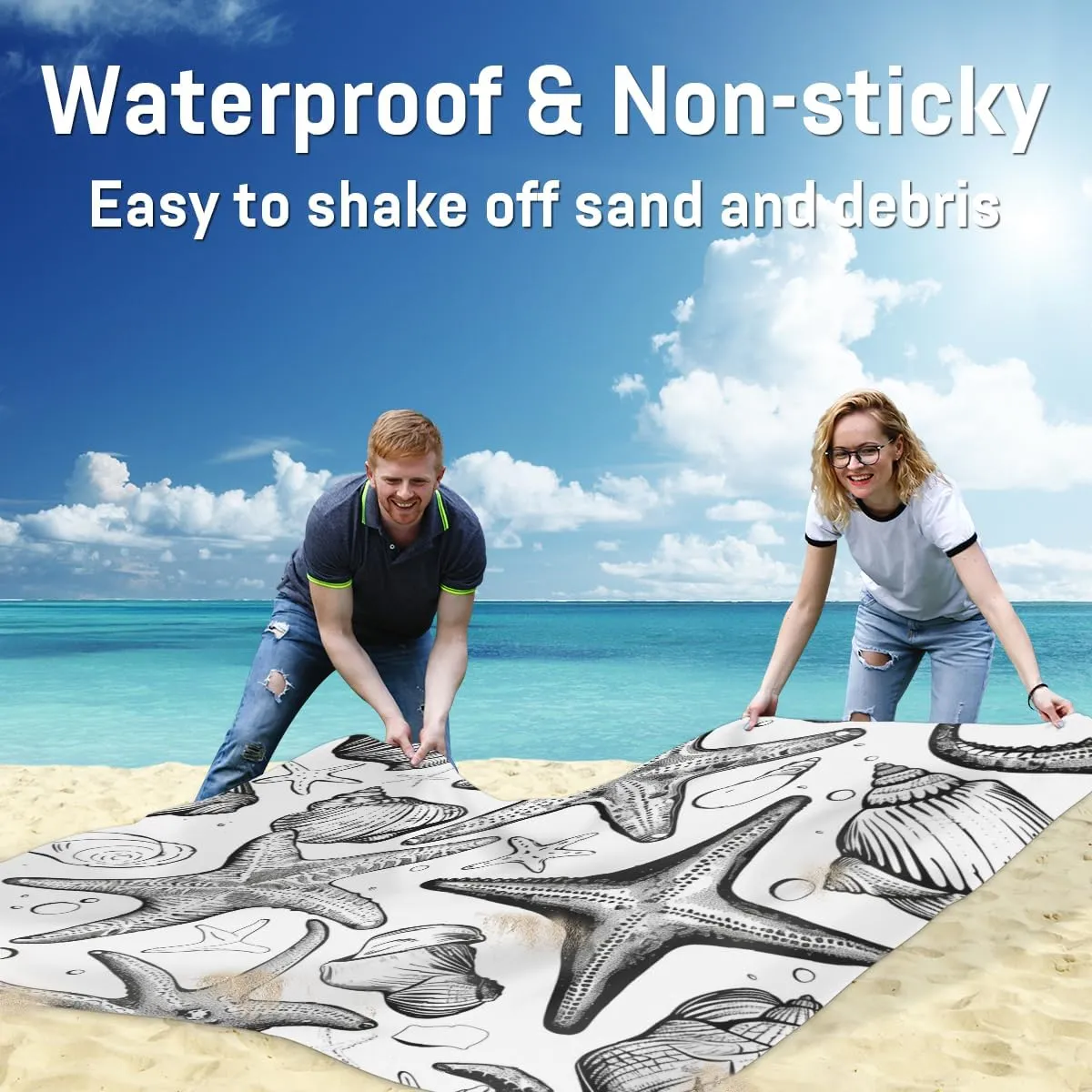 Nautical Beach Blanket, Sandproof Beach Mat, Adults Waterproof Quick Drying Sand Free Mat with 4 x Ground Spikes for Outdoor Travel Camping Hiking, Starfish