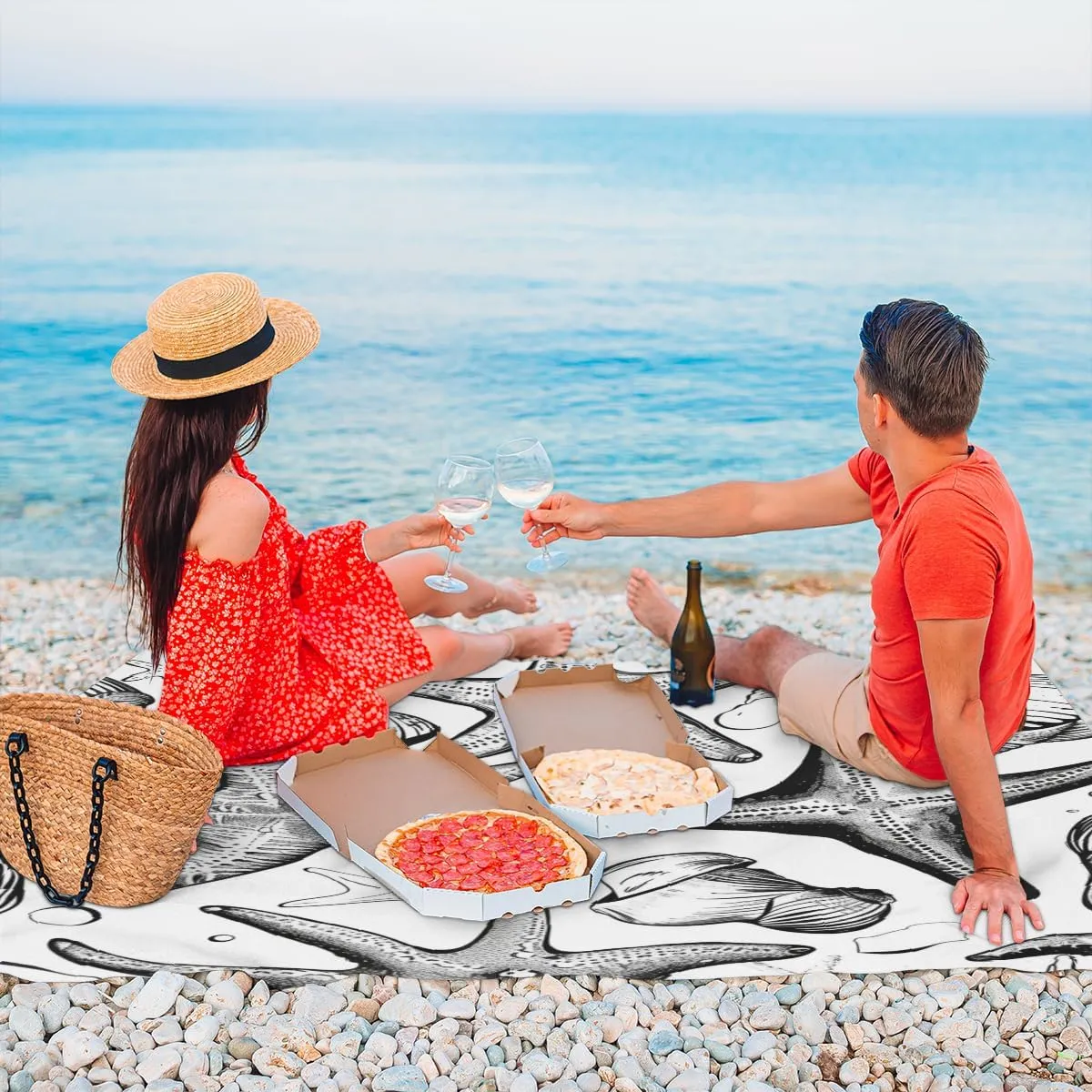 Nautical Beach Blanket, Sandproof Beach Mat, Adults Waterproof Quick Drying Sand Free Mat with 4 x Ground Spikes for Outdoor Travel Camping Hiking, Starfish