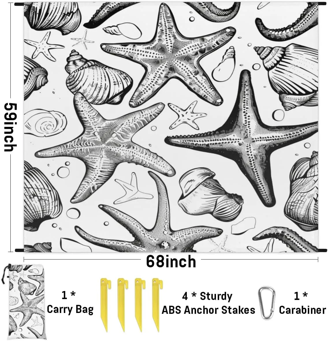 Nautical Beach Blanket, Sandproof Beach Mat, Adults Waterproof Quick Drying Sand Free Mat with 4 x Ground Spikes for Outdoor Travel Camping Hiking, Starfish