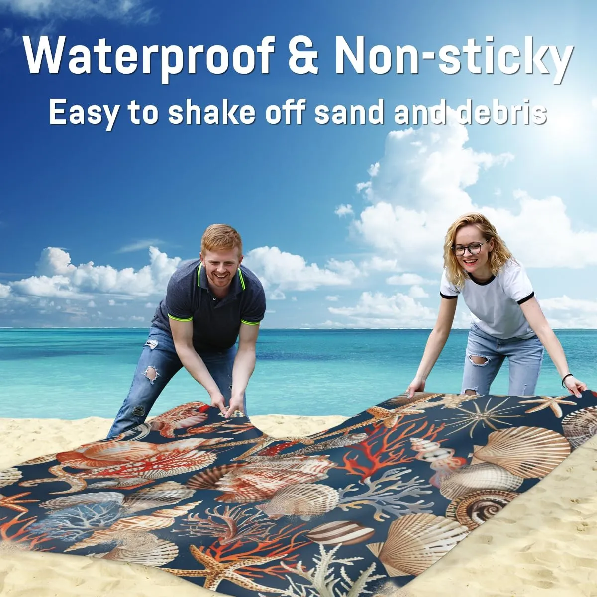 Nautical Coastal Beach Blanket, Sandproof Beach Mat, Adults Waterproof Quick Drying Sand Free Mat with 4 x Ground Spikes for Outdoor Travel Camping Hiking, Starfish Seashell Beach Themed