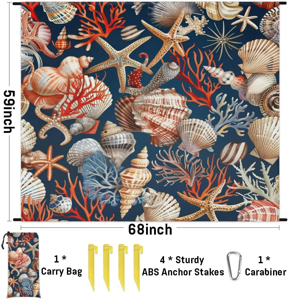 Nautical Coastal Beach Blanket, Sandproof Beach Mat, Adults Waterproof Quick Drying Sand Free Mat with 4 x Ground Spikes for Outdoor Travel Camping Hiking, Starfish Seashell Beach Themed
