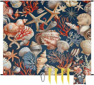 Nautical Coastal Beach Blanket, Sandproof Beach Mat, Adults Waterproof Quick Drying Sand Free Mat with 4 x Ground Spikes for Outdoor Travel Camping Hiking, Starfish Seashell Beach Themed