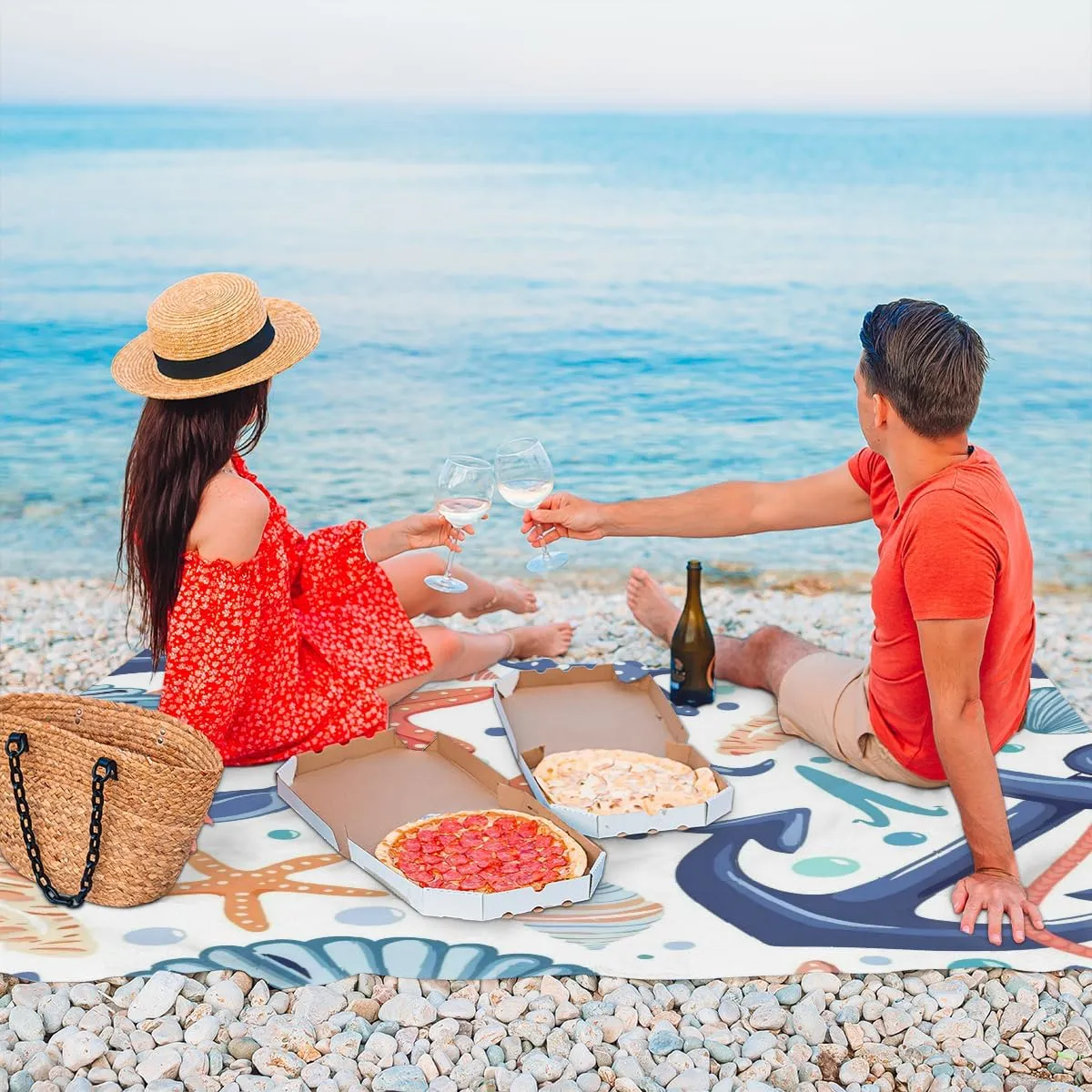 Nautical Seashell Starfish Coral Beach Blanket, Sandproof Beach Mat, Adults Waterproof Quick Drying Sand Free Mat with 4 x Ground Spikes for Outdoor Travel Camping Hiking, Beach Theme
