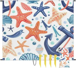 Nautical Seashell Starfish Coral Beach Blanket, Sandproof Beach Mat, Adults Waterproof Quick Drying Sand Free Mat with 4 x Ground Spikes for Outdoor Travel Camping Hiking, Beach Theme