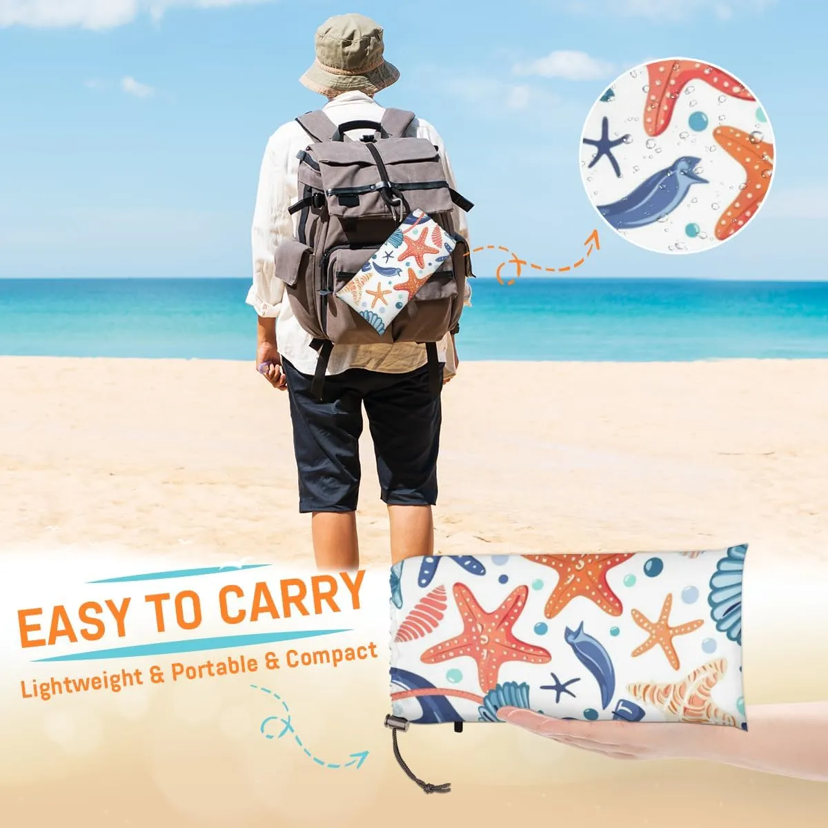 Nautical Seashell Starfish Coral Beach Blanket, Sandproof Beach Mat, Adults Waterproof Quick Drying Sand Free Mat with 4 x Ground Spikes for Outdoor Travel Camping Hiking, Beach Theme
