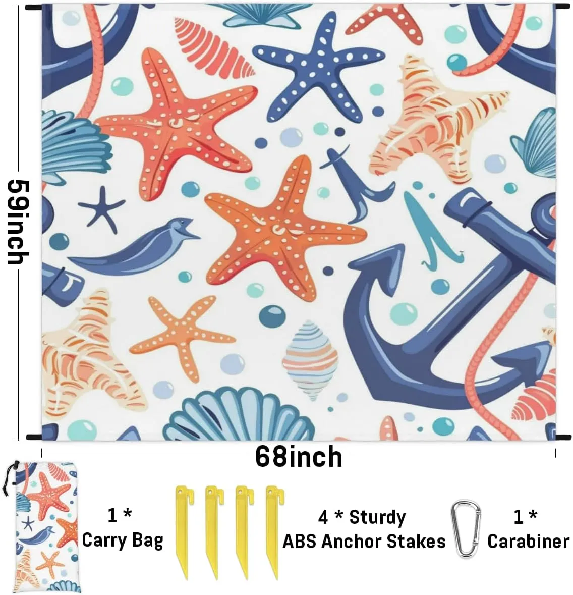 Nautical Seashell Starfish Coral Beach Blanket, Sandproof Beach Mat, Adults Waterproof Quick Drying Sand Free Mat with 4 x Ground Spikes for Outdoor Travel Camping Hiking, Beach Theme