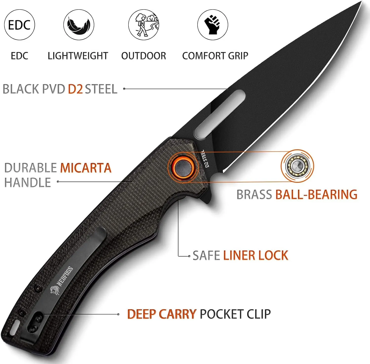 NedFoss BLACK MAMBA Pocket Knife for Men, 3.5" Black PVD D2 Steel Blade EDC Knife with Micarta Handle, Deep Carry Pocket Clip, Lightweight Folding Knife for Men Women Birthday Christmas Gifts