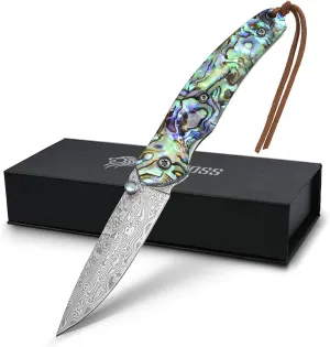 NedFoss Pocket Knife, Damascus Pocket Knife with Abalone Shell Handle, Handmade Forged Damascus Steel Folding Knife with Gift Box, Excellent Gifts for Men Women (A-Polar Bear)