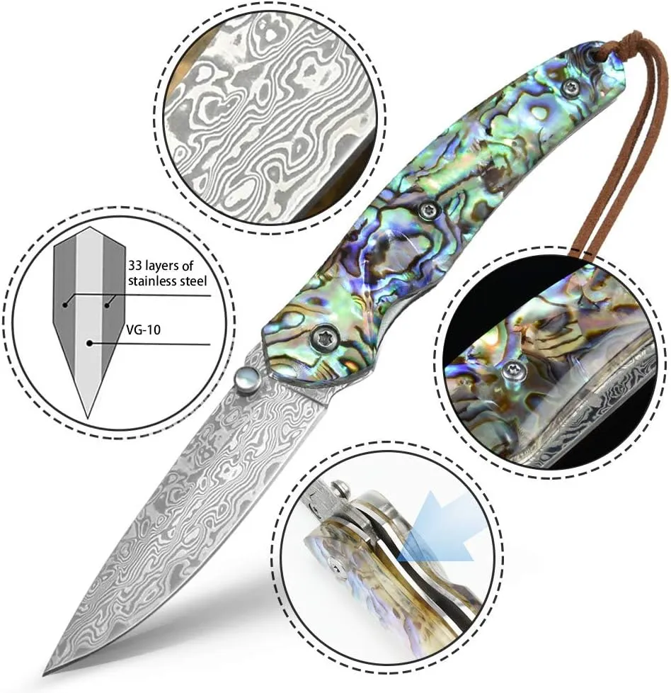 NedFoss Pocket Knife, Damascus Pocket Knife with Abalone Shell Handle, Handmade Forged Damascus Steel Folding Knife with Gift Box, Excellent Gifts for Men Women (A-Polar Bear)