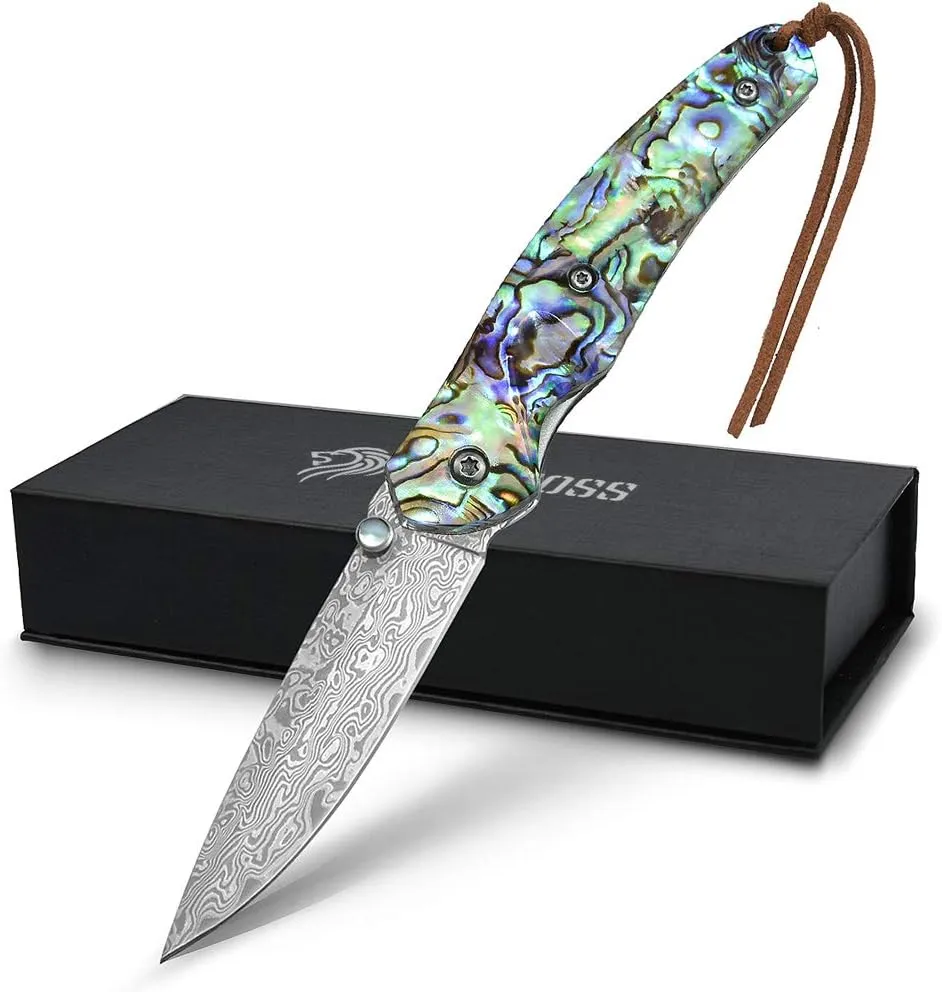 NedFoss Pocket Knife, Damascus Pocket Knife with Abalone Shell Handle, Handmade Forged Damascus Steel Folding Knife with Gift Box, Excellent Gifts for Men Women (A-Polar Bear)