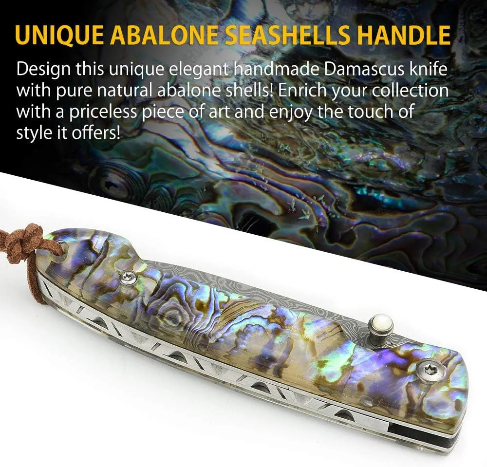 NedFoss Pocket Knife, Damascus Pocket Knife with Abalone Shell Handle, Handmade Forged Damascus Steel Folding Knife with Gift Box, Excellent Gifts for Men Women