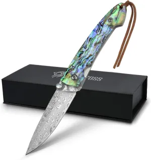 NedFoss Pocket Knife, Damascus Pocket Knife with Abalone Shell Handle, Handmade Forged Damascus Steel Folding Knife with Gift Box, Excellent Gifts for Men Women