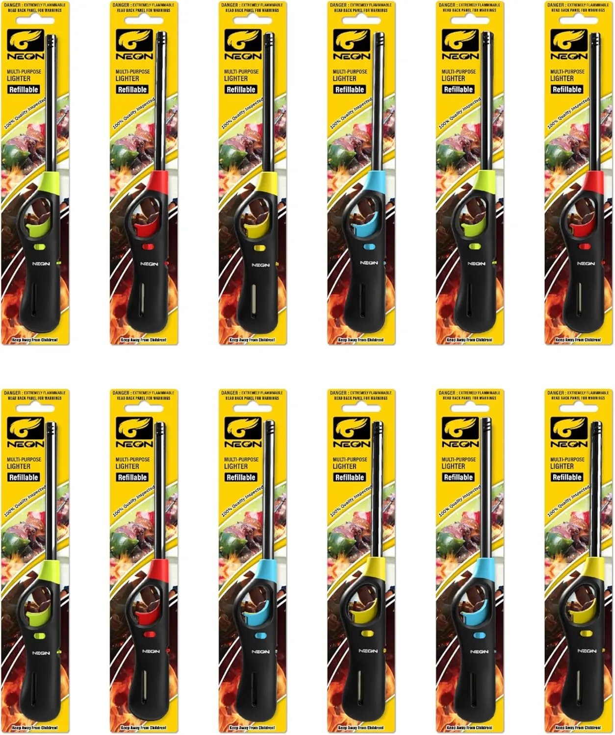 Neon Refillable Butane Fuel Lighter - 12pcs Multi-Purpose BBQ & Candle Lighter
